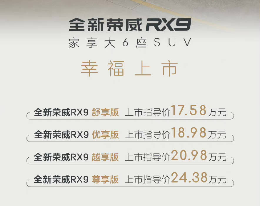 优享钱包苹果版
:原创
                荣威RX9定位六座中型SUV，17.58万元起售，个人推荐优享版